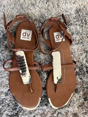 Dolce Vita Brown Leather T-Strap Sandals with Silver Accents